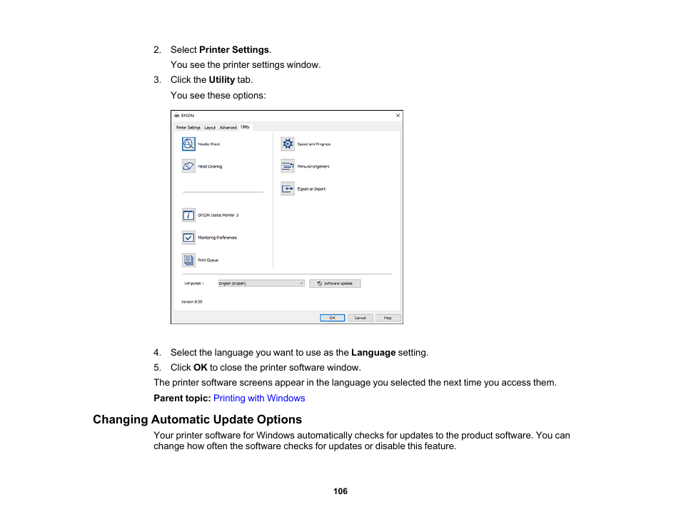 Changing automatic update options | Epson SureColor T3170M 24" Wireless Printer, Scanner & Copier User Manual | Page 106 / 274