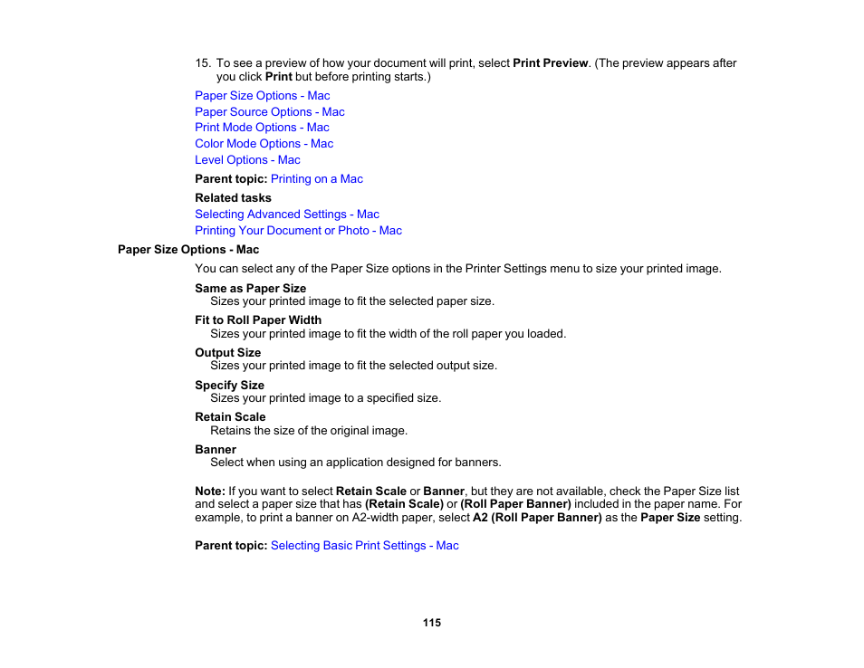 Paper size options - mac | Epson SureColor T3170M 24" Wireless Printer, Scanner & Copier User Manual | Page 115 / 274