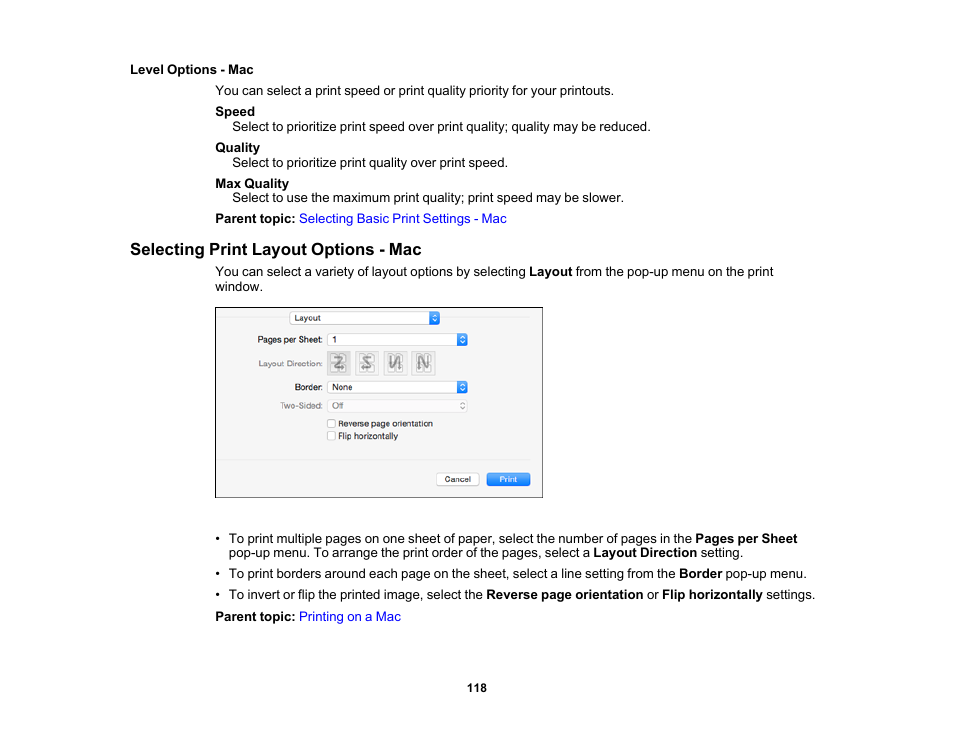 Level options - mac, Selecting print layout options - mac | Epson SureColor T3170M 24" Wireless Printer, Scanner & Copier User Manual | Page 118 / 274