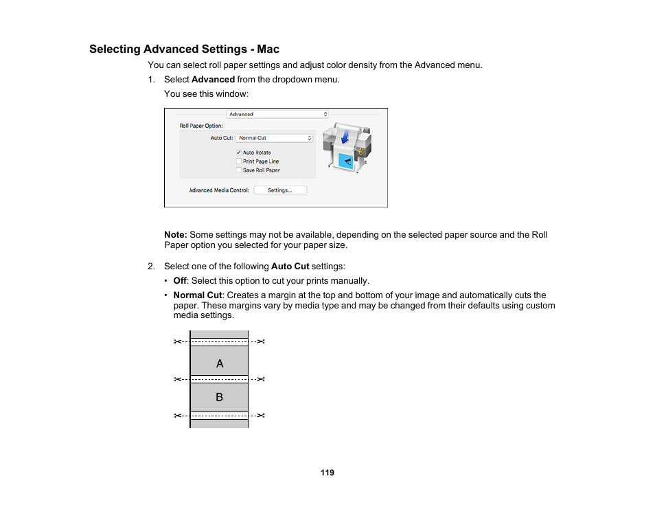 Selecting advanced settings - mac | Epson SureColor T3170M 24" Wireless Printer, Scanner & Copier User Manual | Page 119 / 274