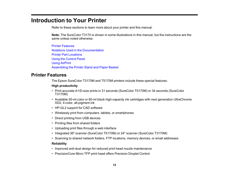 Introduction to your printer, Printer features | Epson SureColor T3170M 24" Wireless Printer, Scanner & Copier User Manual | Page 12 / 274