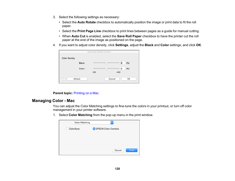 Managing color - mac | Epson SureColor T3170M 24" Wireless Printer, Scanner & Copier User Manual | Page 120 / 274