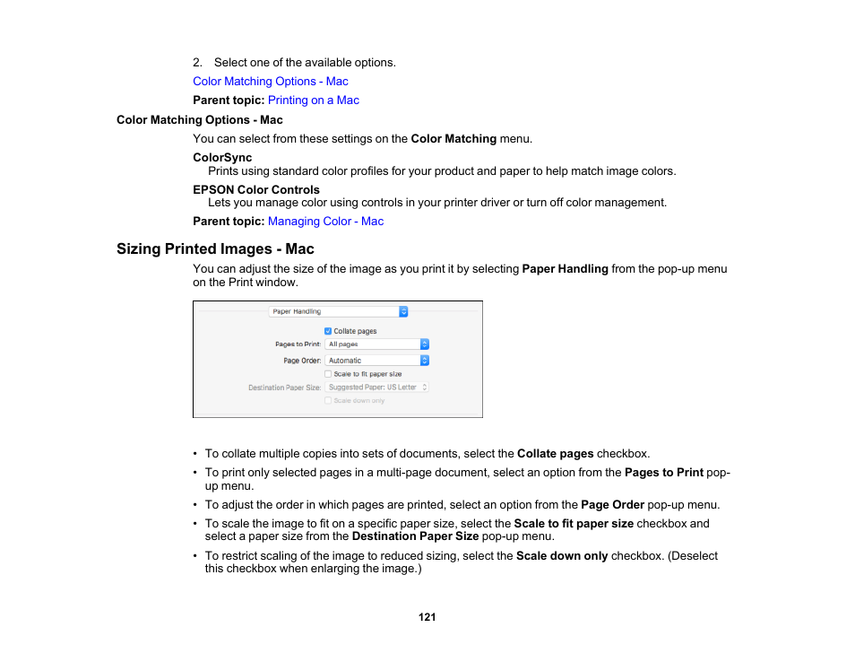 Color matching options - mac, Sizing printed images - mac | Epson SureColor T3170M 24" Wireless Printer, Scanner & Copier User Manual | Page 121 / 274
