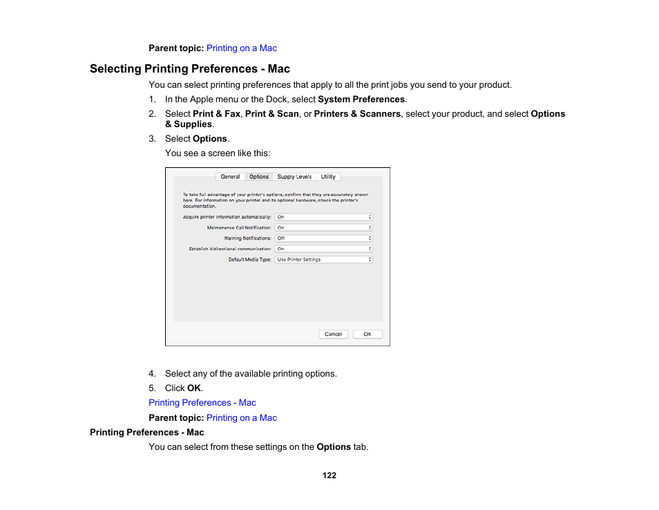Selecting printing preferences - mac, Printing preferences - mac | Epson SureColor T3170M 24" Wireless Printer, Scanner & Copier User Manual | Page 122 / 274