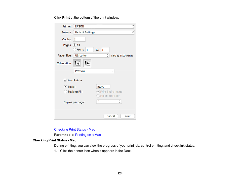 Checking print status - mac | Epson SureColor T3170M 24" Wireless Printer, Scanner & Copier User Manual | Page 124 / 274
