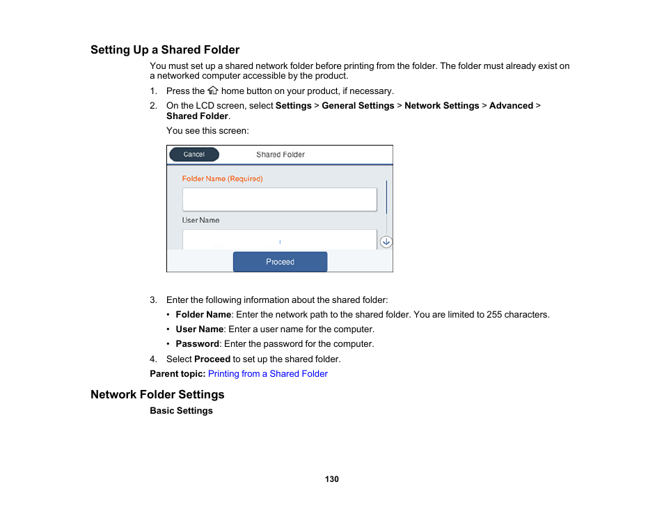 Setting up a shared folder, Network folder settings | Epson SureColor T3170M 24" Wireless Printer, Scanner & Copier User Manual | Page 130 / 274