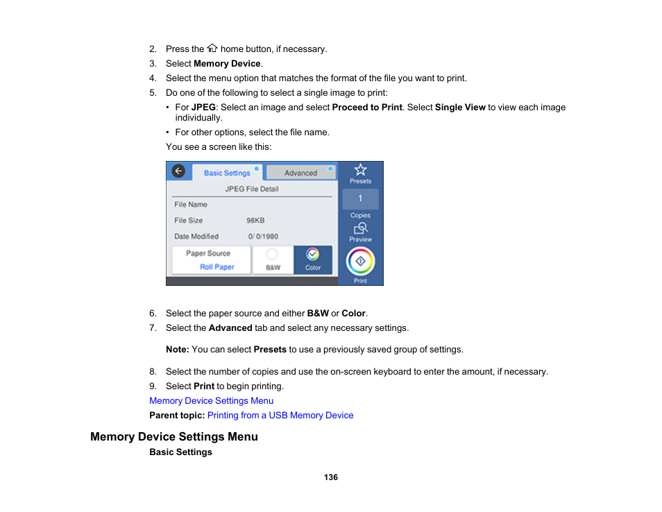 Memory device settings menu | Epson SureColor T3170M 24" Wireless Printer, Scanner & Copier User Manual | Page 136 / 274