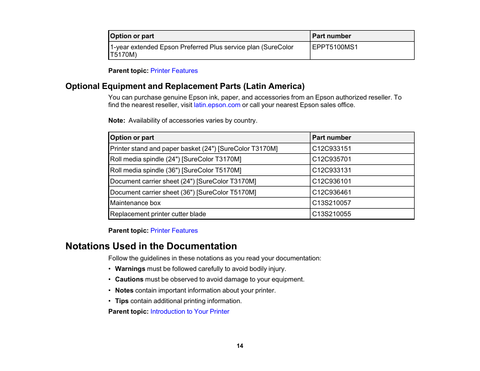 Notations used in the documentation | Epson SureColor T3170M 24" Wireless Printer, Scanner & Copier User Manual | Page 14 / 274