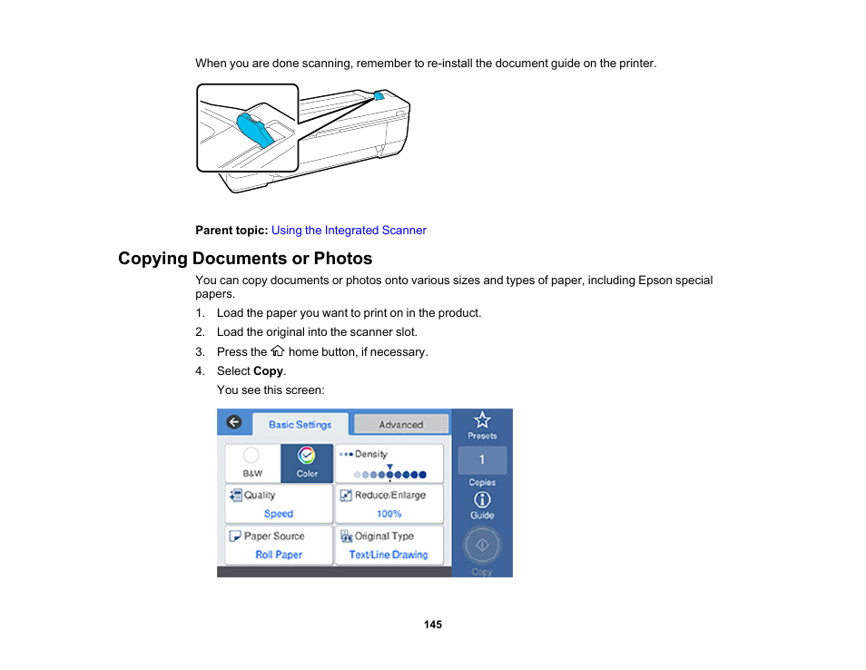 Copying documents or photos | Epson SureColor T3170M 24" Wireless Printer, Scanner & Copier User Manual | Page 145 / 274