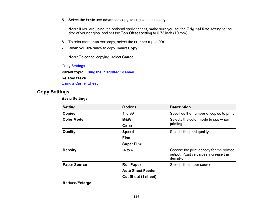 Copy settings | Epson SureColor T3170M 24" Wireless Printer, Scanner & Copier User Manual | Page 146 / 274