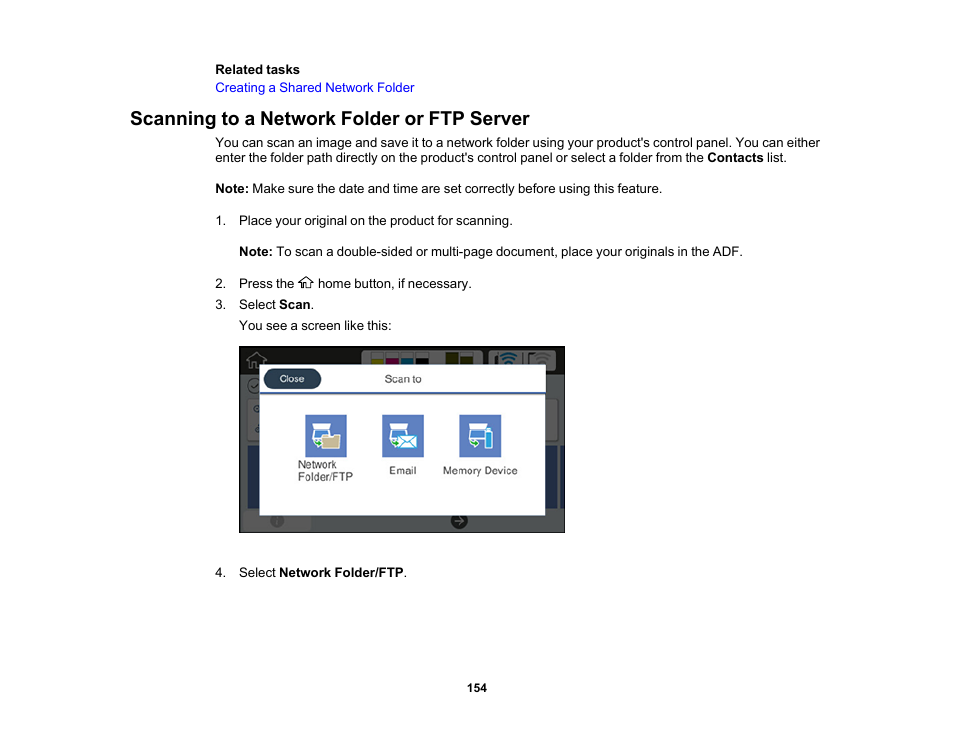 Scanning to a network folder or ftp server | Epson SureColor T3170M 24" Wireless Printer, Scanner & Copier User Manual | Page 154 / 274