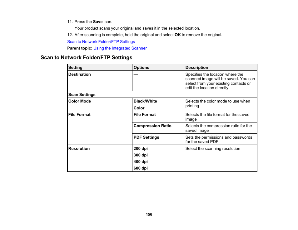Scan to network folder/ftp settings | Epson SureColor T3170M 24" Wireless Printer, Scanner & Copier User Manual | Page 156 / 274