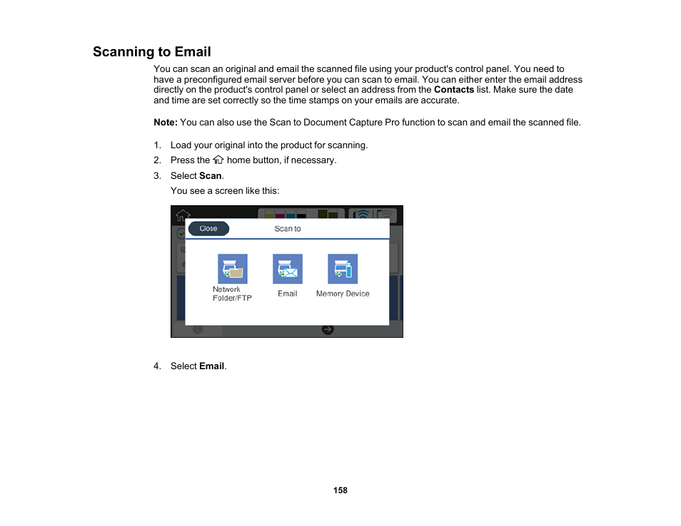 Scanning to email | Epson SureColor T3170M 24" Wireless Printer, Scanner & Copier User Manual | Page 158 / 274