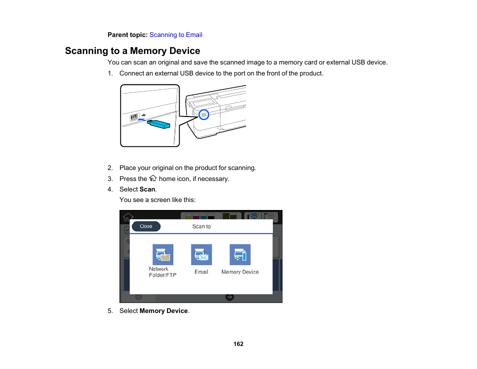 Scanning to a memory device | Epson SureColor T3170M 24" Wireless Printer, Scanner & Copier User Manual | Page 162 / 274