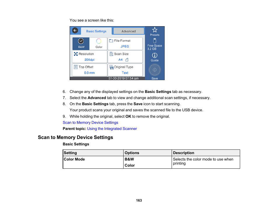 Scan to memory device settings | Epson SureColor T3170M 24" Wireless Printer, Scanner & Copier User Manual | Page 163 / 274