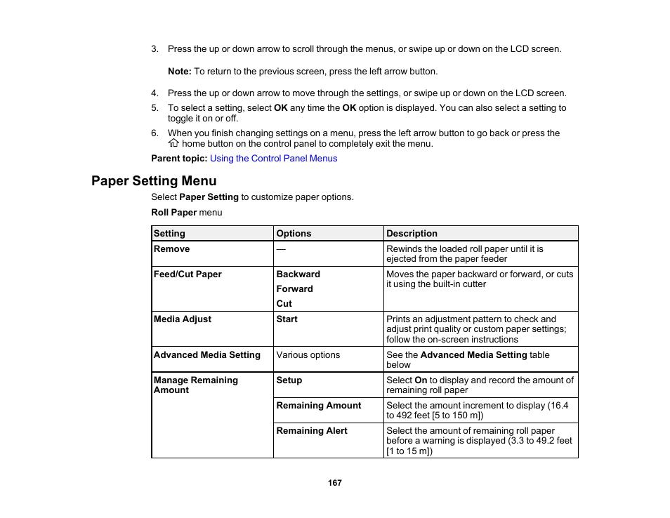 Paper setting menu | Epson SureColor T3170M 24" Wireless Printer, Scanner & Copier User Manual | Page 167 / 274