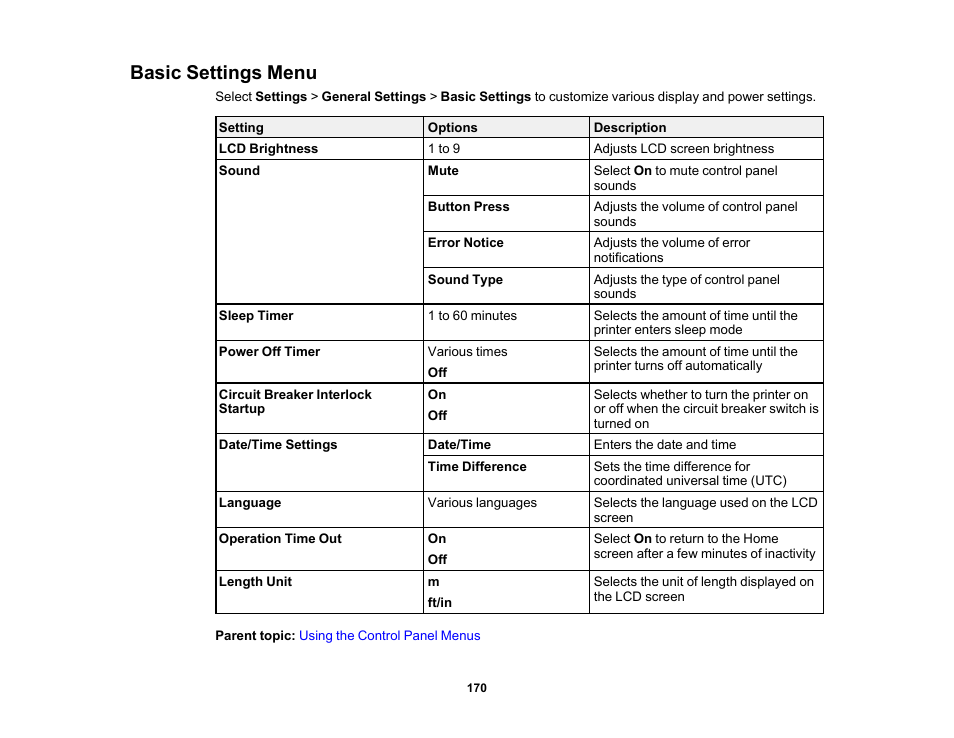 Basic settings menu | Epson SureColor T3170M 24" Wireless Printer, Scanner & Copier User Manual | Page 170 / 274