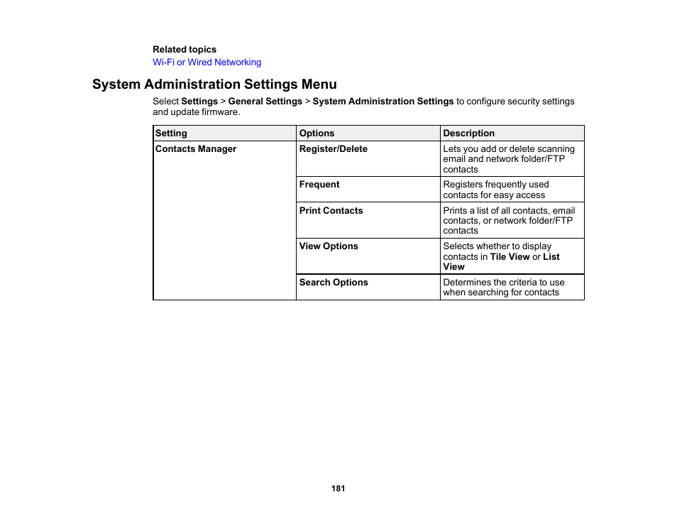 System administration settings menu | Epson SureColor T3170M 24" Wireless Printer, Scanner & Copier User Manual | Page 181 / 274