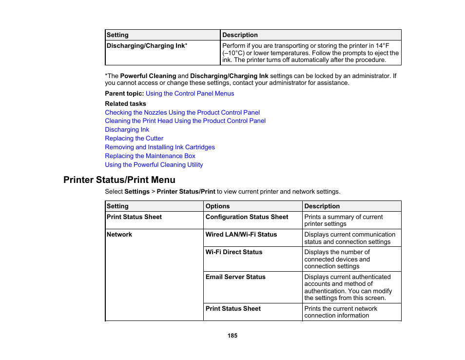 Printer status/print menu | Epson SureColor T3170M 24" Wireless Printer, Scanner & Copier User Manual | Page 185 / 274