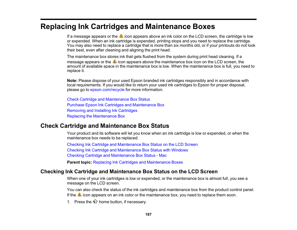 Replacing ink cartridges and maintenance boxes, Check cartridge and maintenance box status | Epson SureColor T3170M 24" Wireless Printer, Scanner & Copier User Manual | Page 187 / 274