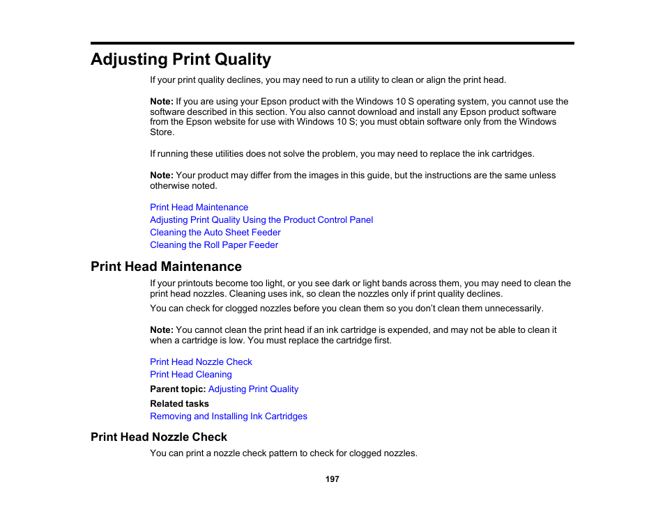 Adjusting print quality, Print head maintenance, Print head nozzle check | Epson SureColor T3170M 24" Wireless Printer, Scanner & Copier User Manual | Page 197 / 274