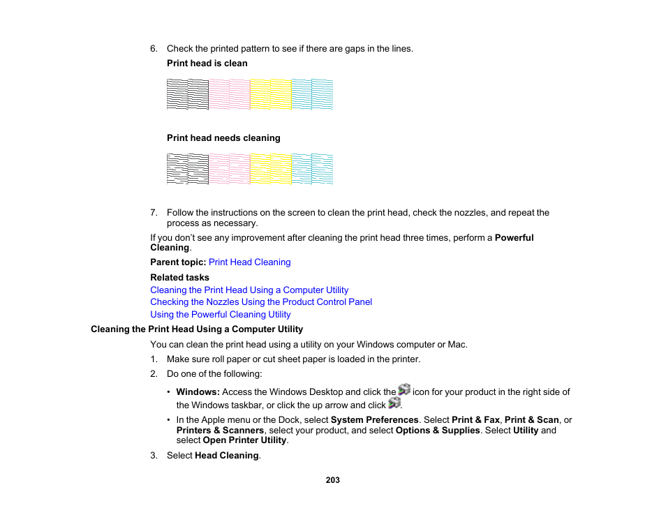 Cleaning the print head using a computer utility | Epson SureColor T3170M 24" Wireless Printer, Scanner & Copier User Manual | Page 203 / 274