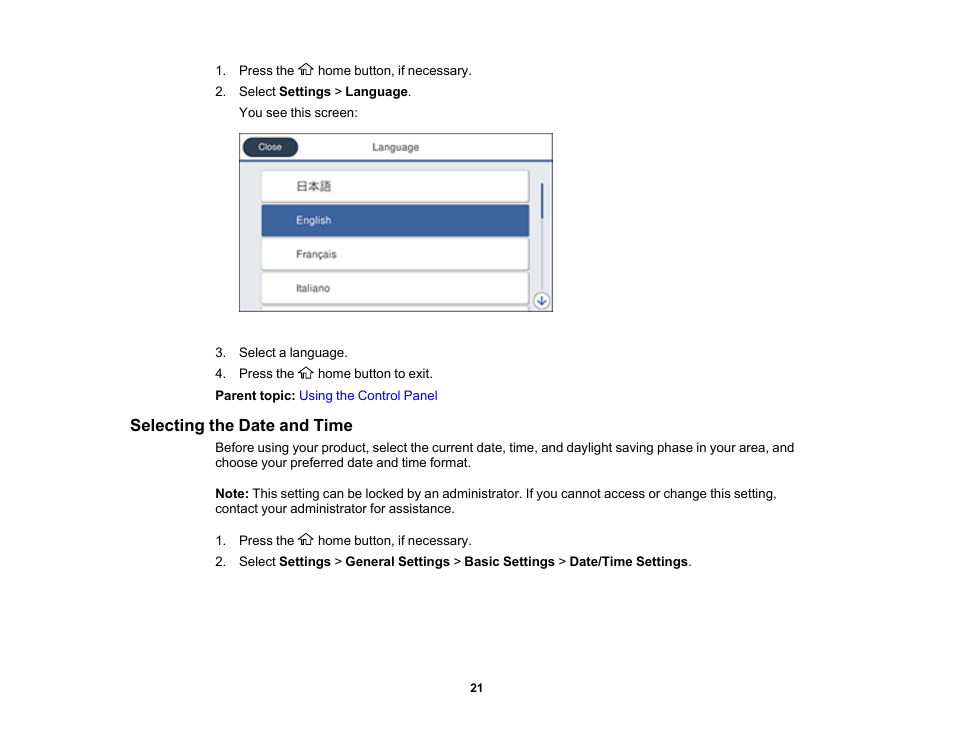 Selecting the date and time | Epson SureColor T3170M 24" Wireless Printer, Scanner & Copier User Manual | Page 21 / 274