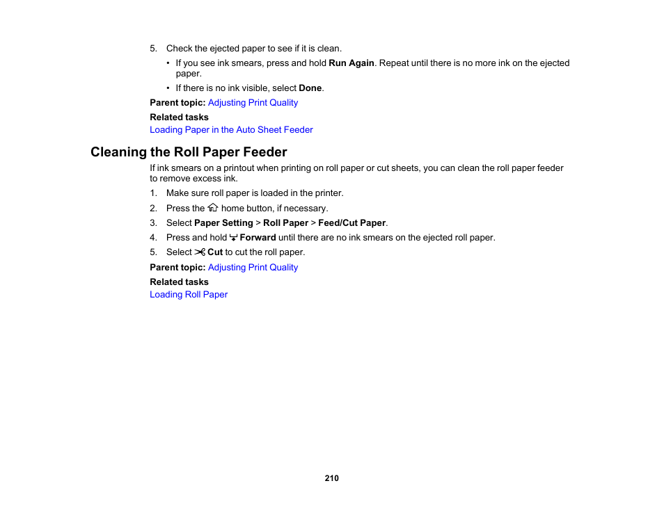 Cleaning the roll paper feeder | Epson SureColor T3170M 24" Wireless Printer, Scanner & Copier User Manual | Page 210 / 274