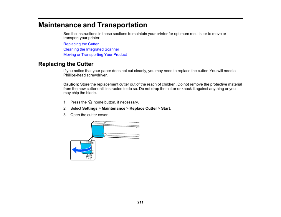 Maintenance and transportation, Replacing the cutter | Epson SureColor T3170M 24" Wireless Printer, Scanner & Copier User Manual | Page 211 / 274