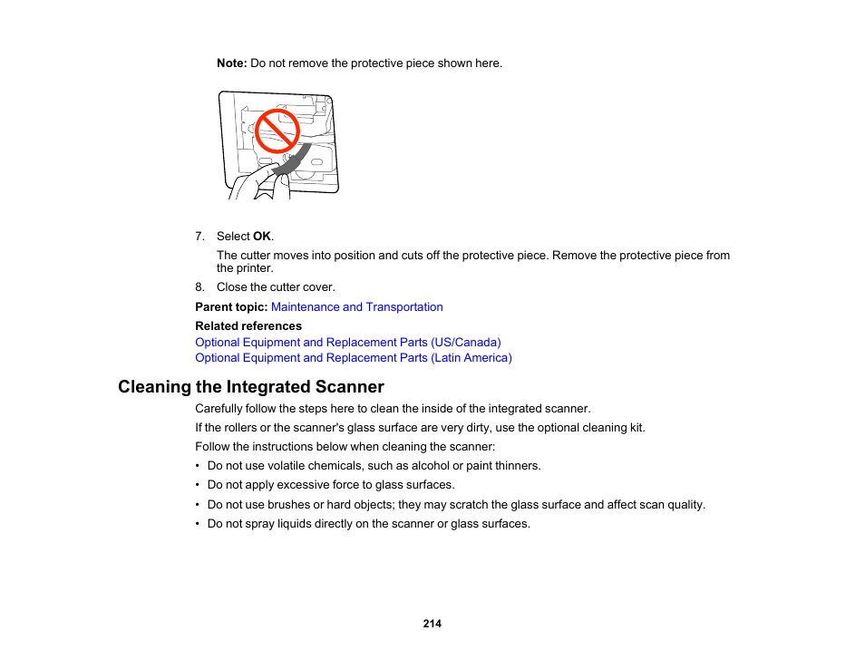 Cleaning the integrated scanner | Epson SureColor T3170M 24" Wireless Printer, Scanner & Copier User Manual | Page 214 / 274