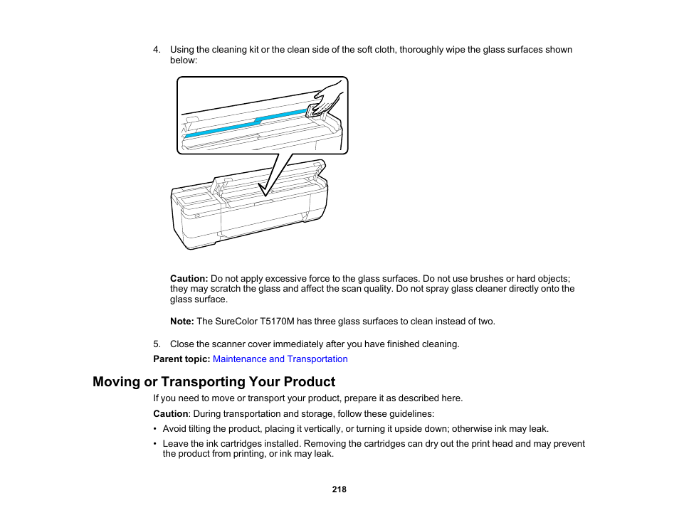 Moving or transporting your product | Epson SureColor T3170M 24" Wireless Printer, Scanner & Copier User Manual | Page 218 / 274