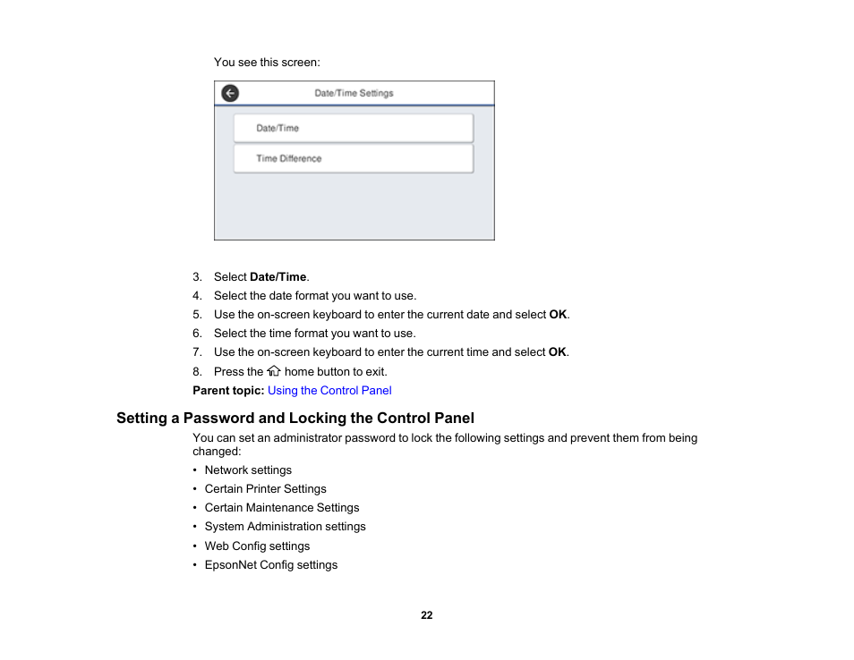 Setting a password and locking the control panel | Epson SureColor T3170M 24" Wireless Printer, Scanner & Copier User Manual | Page 22 / 274