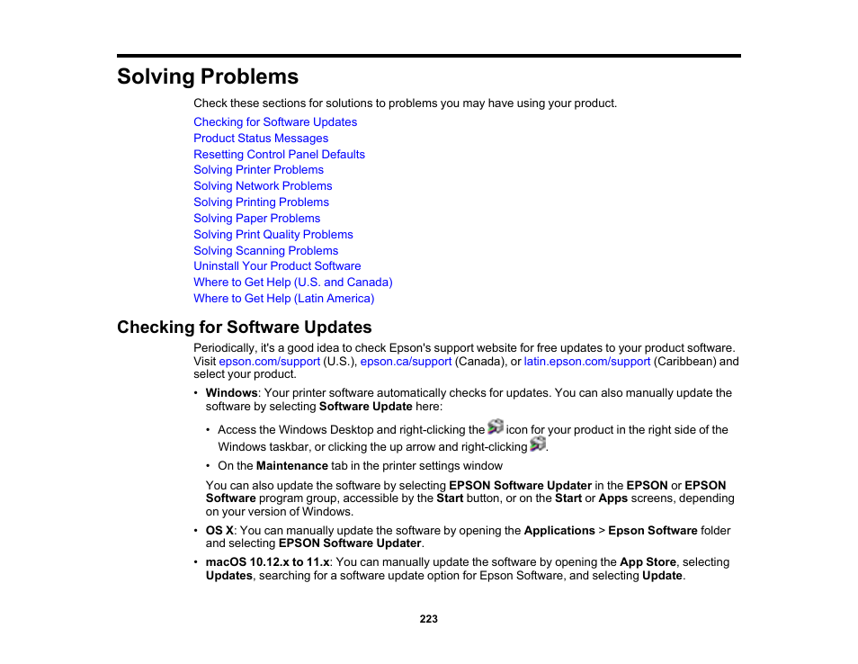 Solving problems, Checking for software updates | Epson SureColor T3170M 24" Wireless Printer, Scanner & Copier User Manual | Page 223 / 274