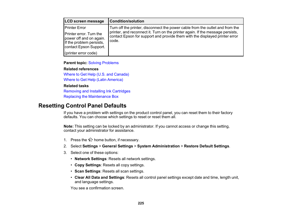 Resetting control panel defaults | Epson SureColor T3170M 24" Wireless Printer, Scanner & Copier User Manual | Page 225 / 274