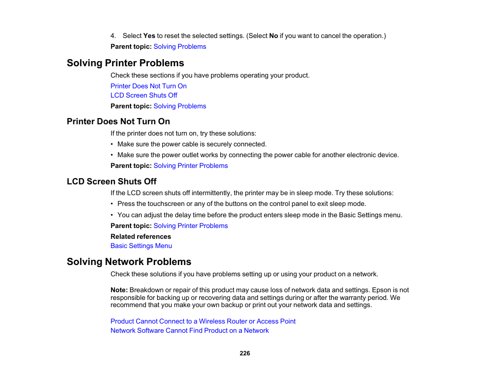 Solving printer problems, Printer does not turn on, Lcd screen shuts off | Solving network problems, Printer does not turn on lcd screen shuts off, Solving printer problems solving network problems | Epson SureColor T3170M 24" Wireless Printer, Scanner & Copier User Manual | Page 226 / 274