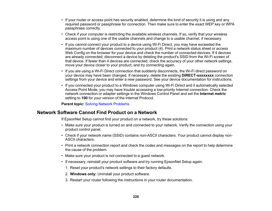 Network software cannot find product on a network | Epson SureColor T3170M 24" Wireless Printer, Scanner & Copier User Manual | Page 228 / 274