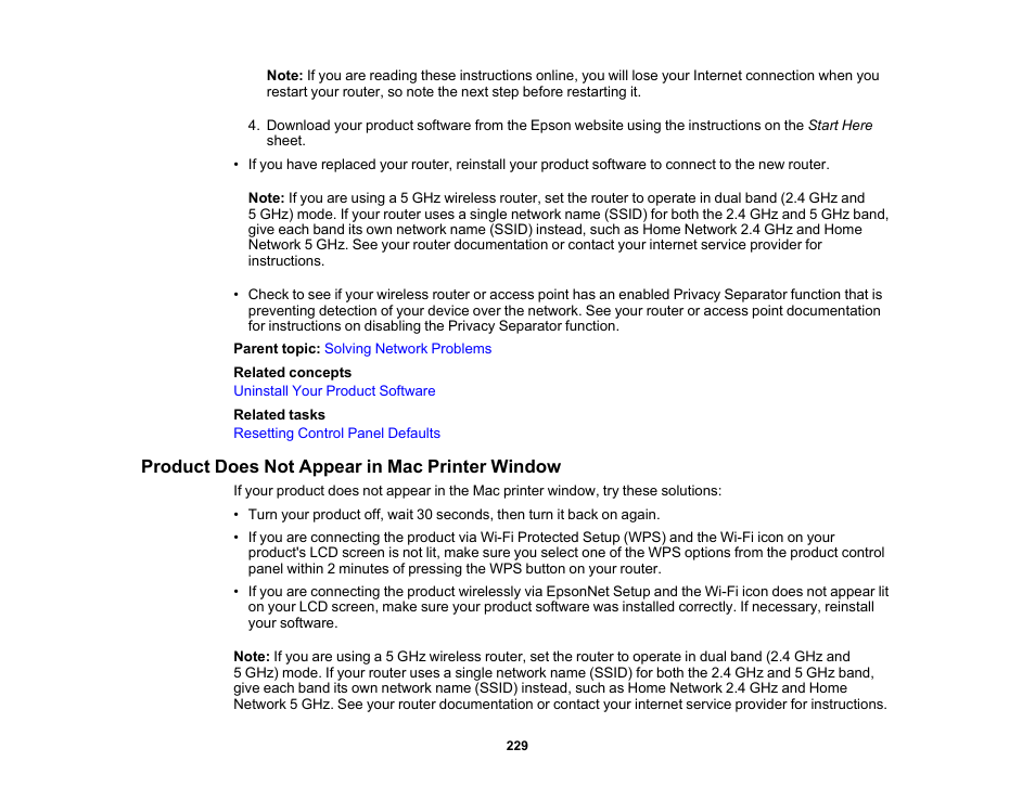 Product does not appear in mac printer window | Epson SureColor T3170M 24" Wireless Printer, Scanner & Copier User Manual | Page 229 / 274