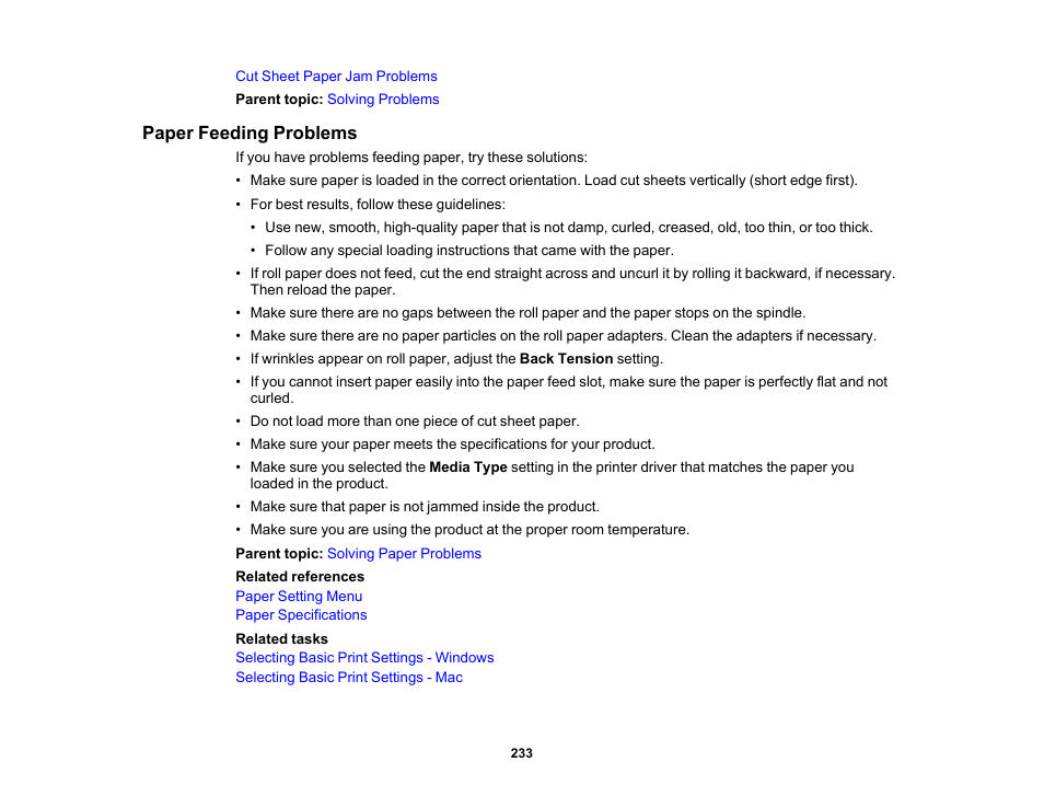 Paper feeding problems | Epson SureColor T3170M 24" Wireless Printer, Scanner & Copier User Manual | Page 233 / 274