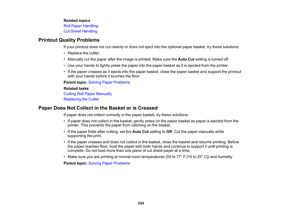 Printout quality problems, Paper does not collect in the basket or is creased | Epson SureColor T3170M 24" Wireless Printer, Scanner & Copier User Manual | Page 234 / 274