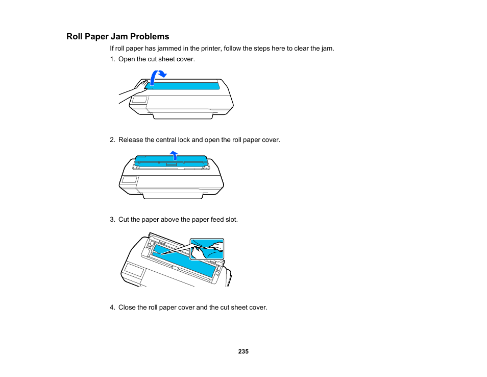 Roll paper jam problems | Epson SureColor T3170M 24" Wireless Printer, Scanner & Copier User Manual | Page 235 / 274