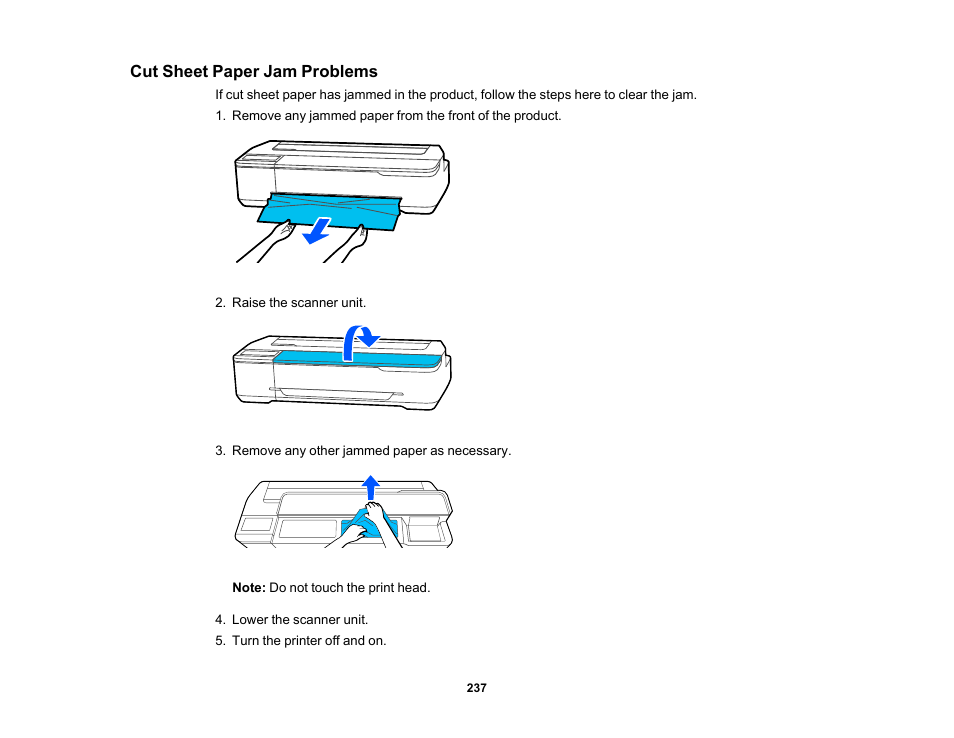 Cut sheet paper jam problems | Epson SureColor T3170M 24" Wireless Printer, Scanner & Copier User Manual | Page 237 / 274