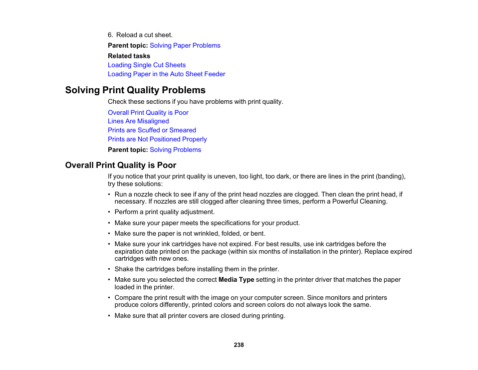 Solving print quality problems, Overall print quality is poor | Epson SureColor T3170M 24" Wireless Printer, Scanner & Copier User Manual | Page 238 / 274