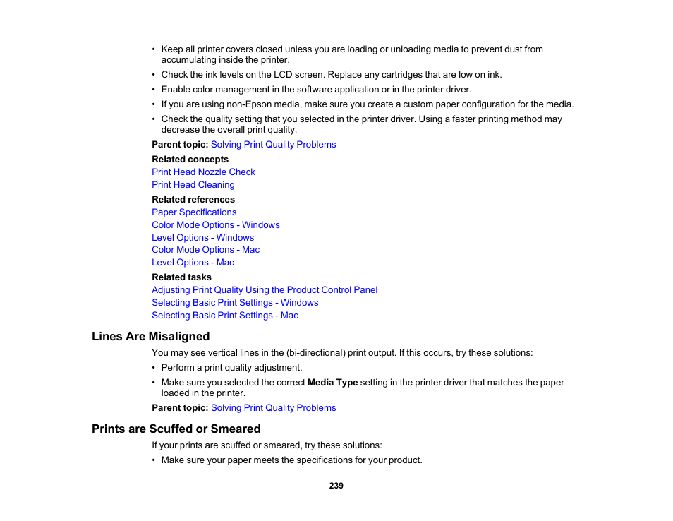 Lines are misaligned, Prints are scuffed or smeared, Lines are misaligned prints are scuffed or smeared | Epson SureColor T3170M 24" Wireless Printer, Scanner & Copier User Manual | Page 239 / 274