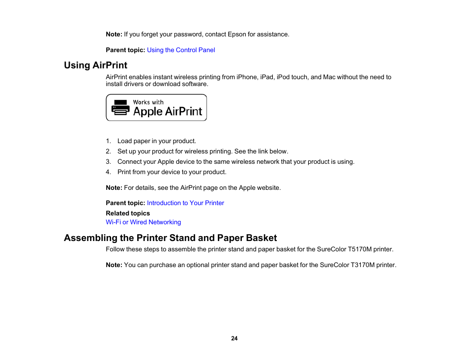 Using airprint, Assembling the printer stand and paper basket | Epson SureColor T3170M 24" Wireless Printer, Scanner & Copier User Manual | Page 24 / 274