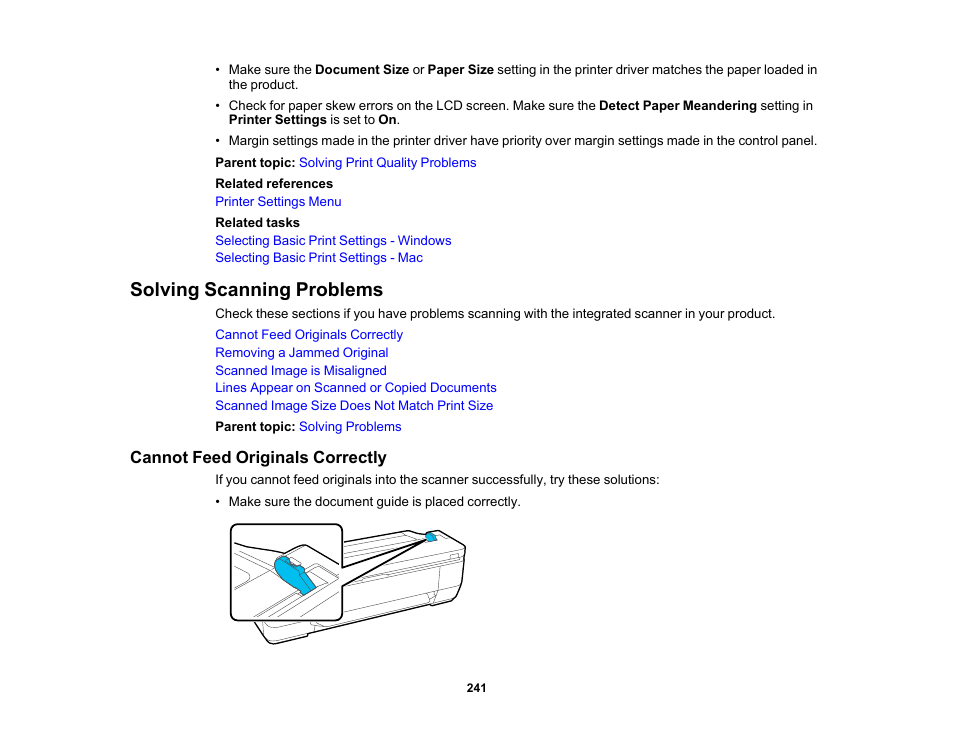 Solving scanning problems, Cannot feed originals correctly | Epson SureColor T3170M 24" Wireless Printer, Scanner & Copier User Manual | Page 241 / 274