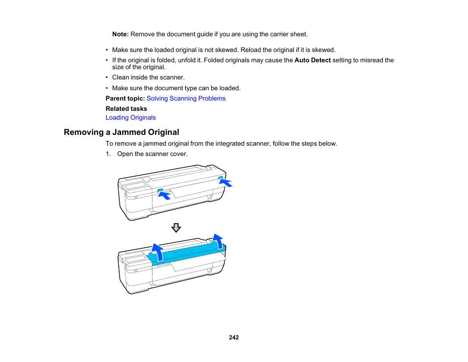 Removing a jammed original | Epson SureColor T3170M 24" Wireless Printer, Scanner & Copier User Manual | Page 242 / 274
