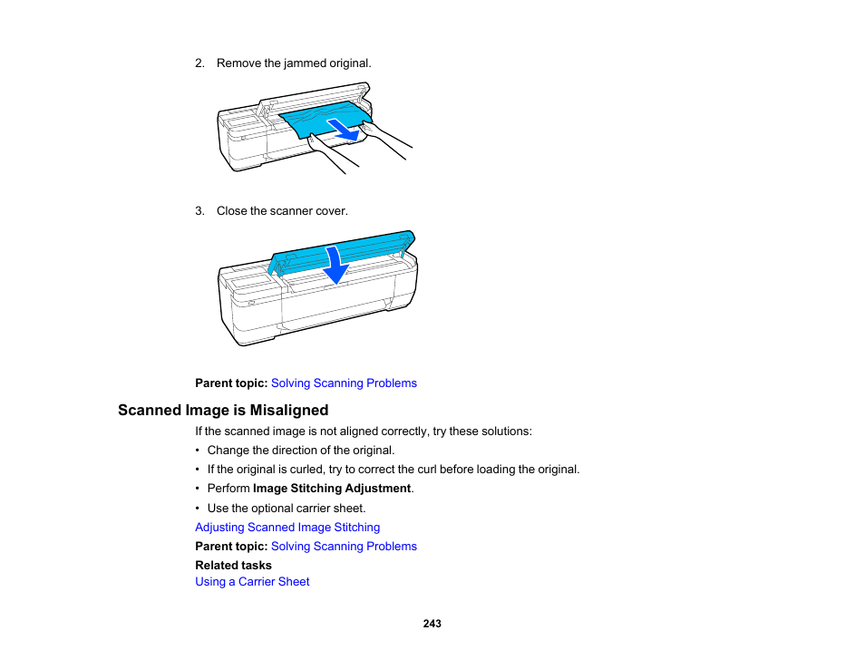 Scanned image is misaligned | Epson SureColor T3170M 24" Wireless Printer, Scanner & Copier User Manual | Page 243 / 274