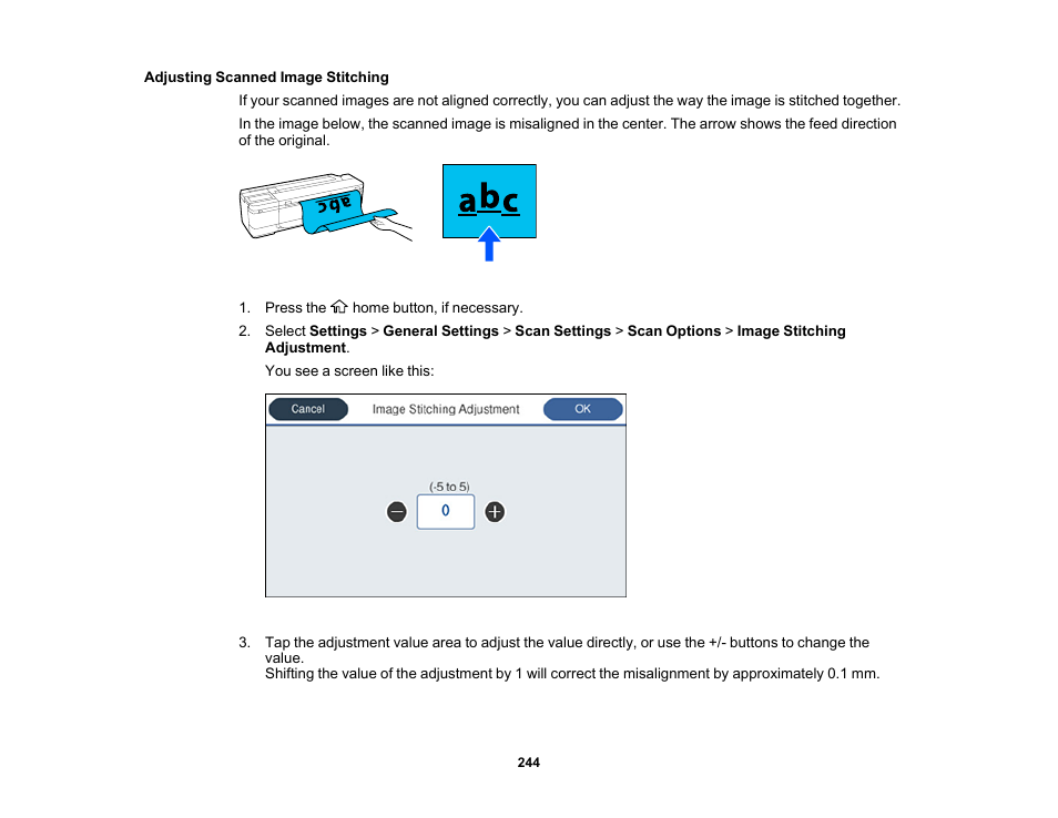 Adjusting scanned image stitching | Epson SureColor T3170M 24" Wireless Printer, Scanner & Copier User Manual | Page 244 / 274