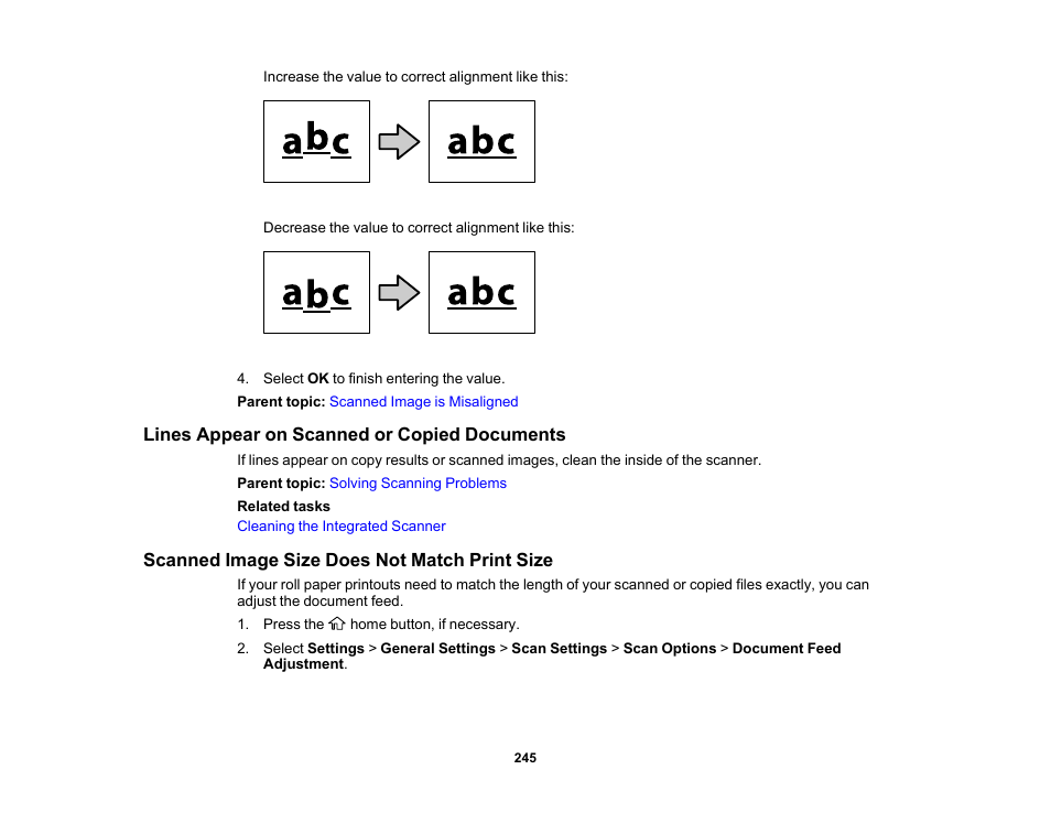 Lines appear on scanned or copied documents, Scanned image size does not match print size | Epson SureColor T3170M 24" Wireless Printer, Scanner & Copier User Manual | Page 245 / 274