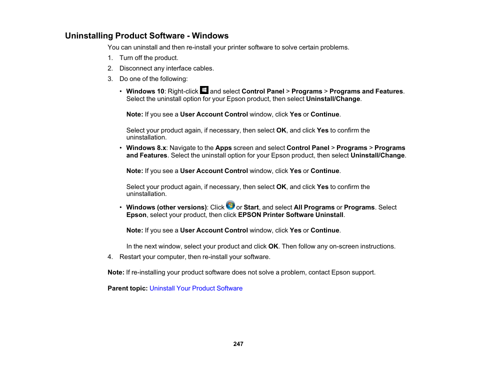 Uninstalling product software - windows | Epson SureColor T3170M 24" Wireless Printer, Scanner & Copier User Manual | Page 247 / 274